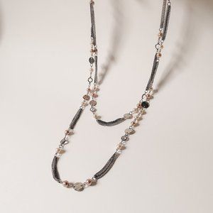 Express Double Strand Layered Silver Black Chain Neutral Pearl Crystal Necklace
